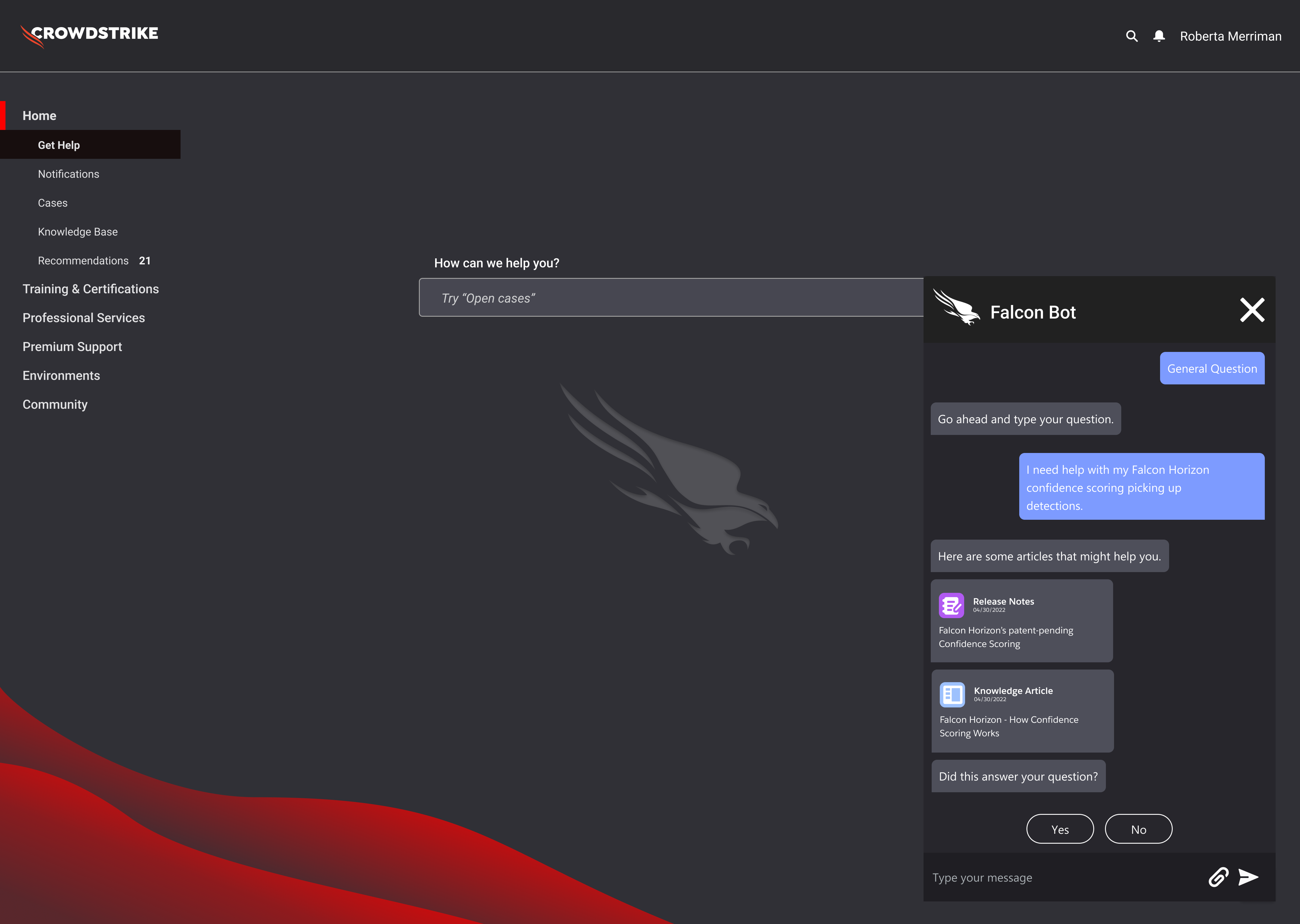 Falcon Bot surfacing knowledge articles