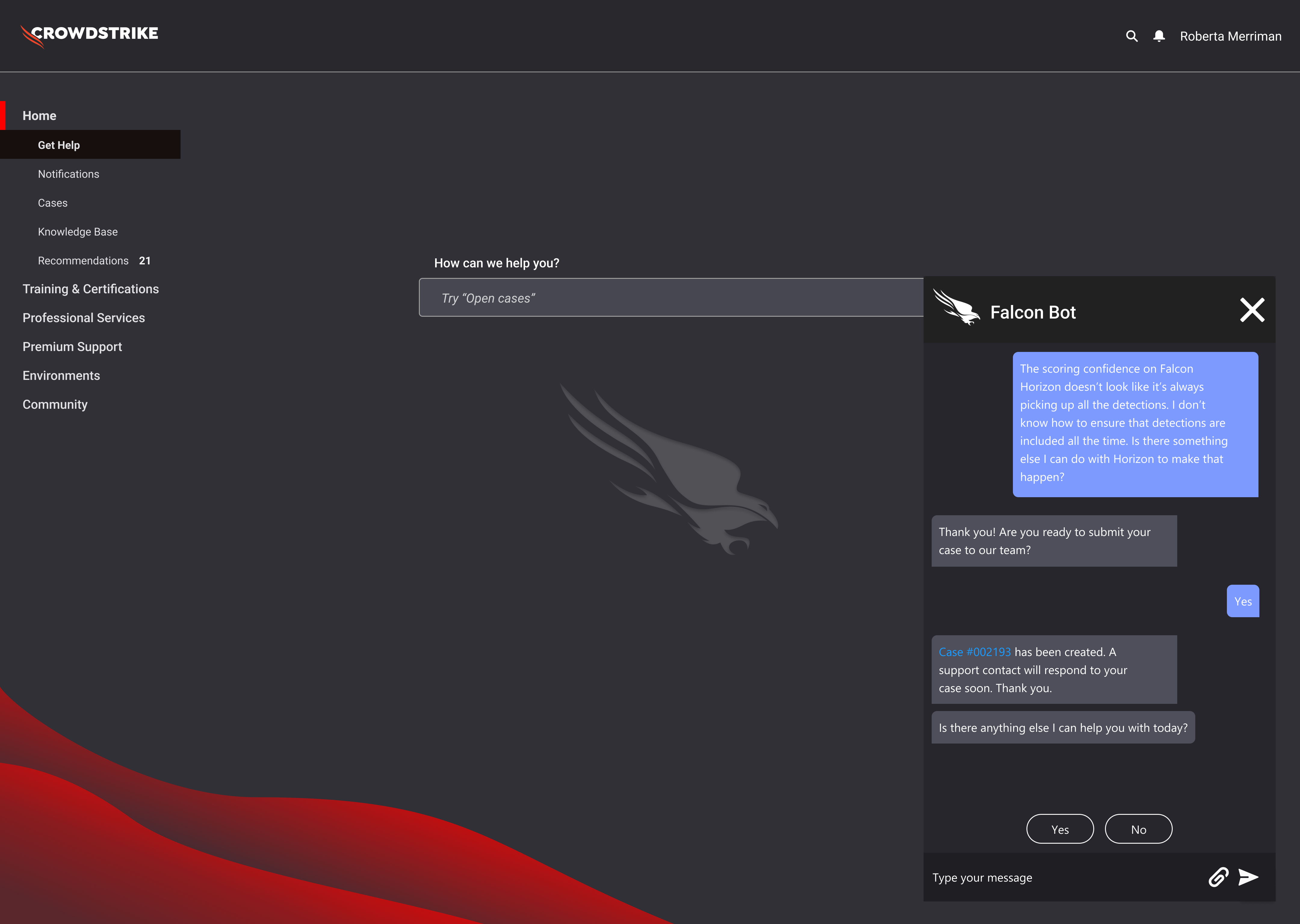 Falcon Bot case submitted confirmation with case number