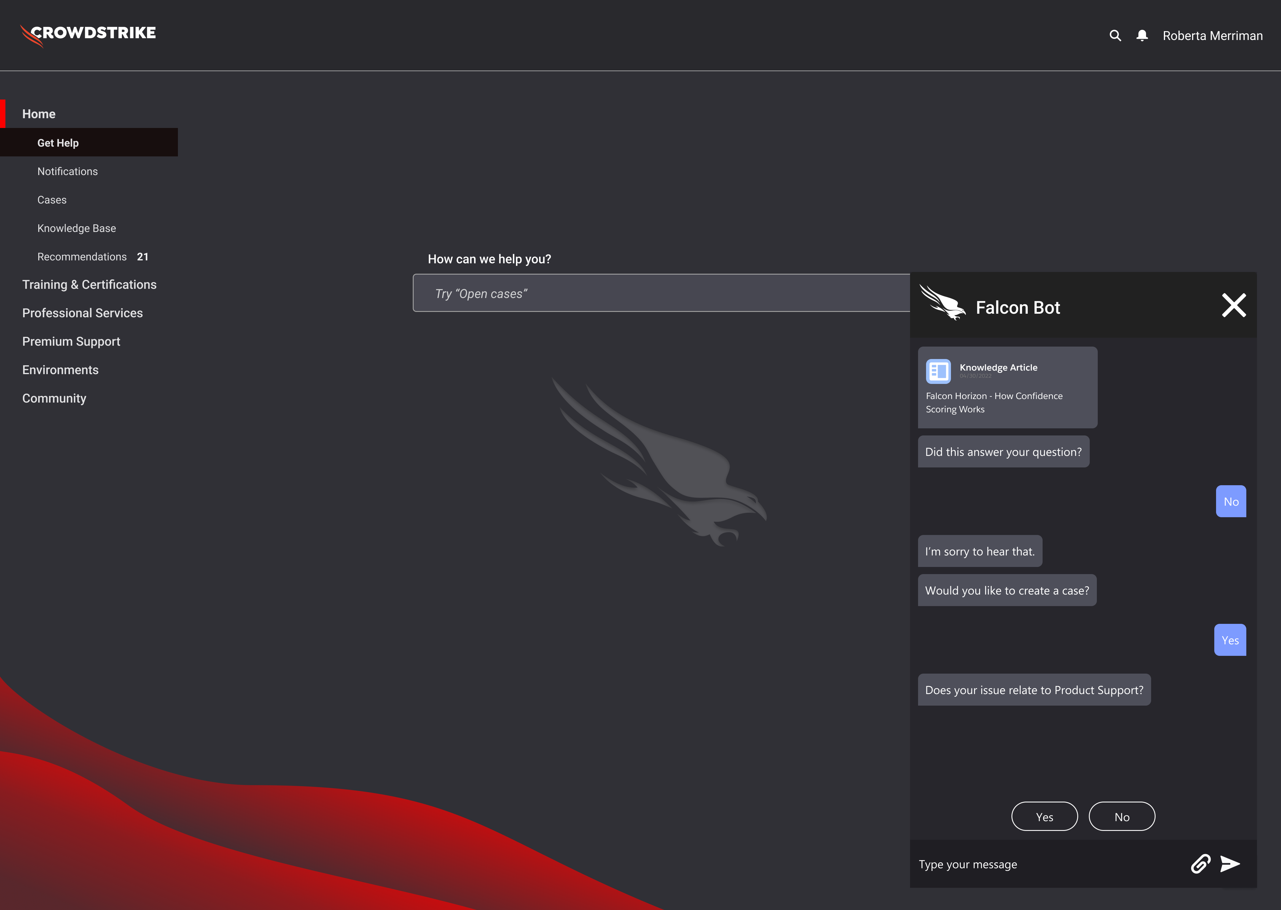Falcon Bot escalation to case creation